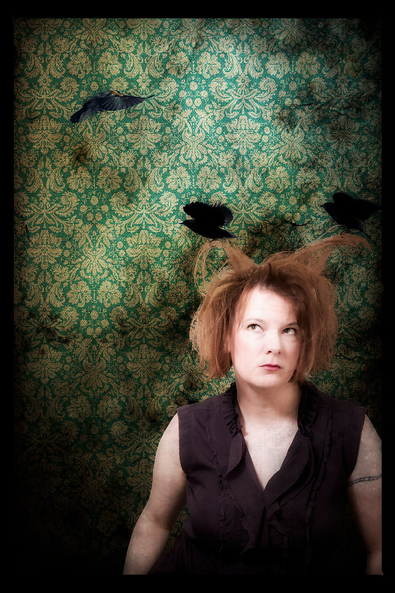 self portrait with black birds attacking, composit photograph