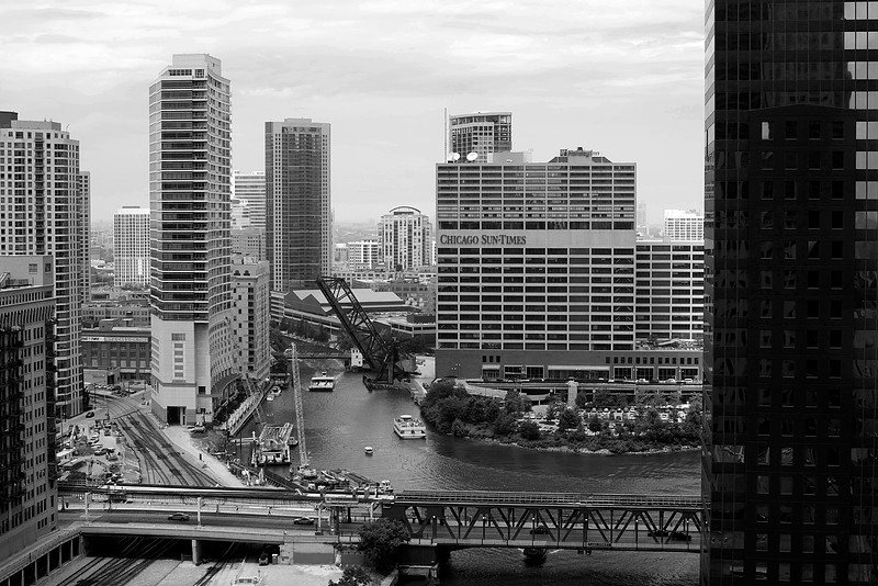 Chicago cityscape, Chicago River, Black and white photography