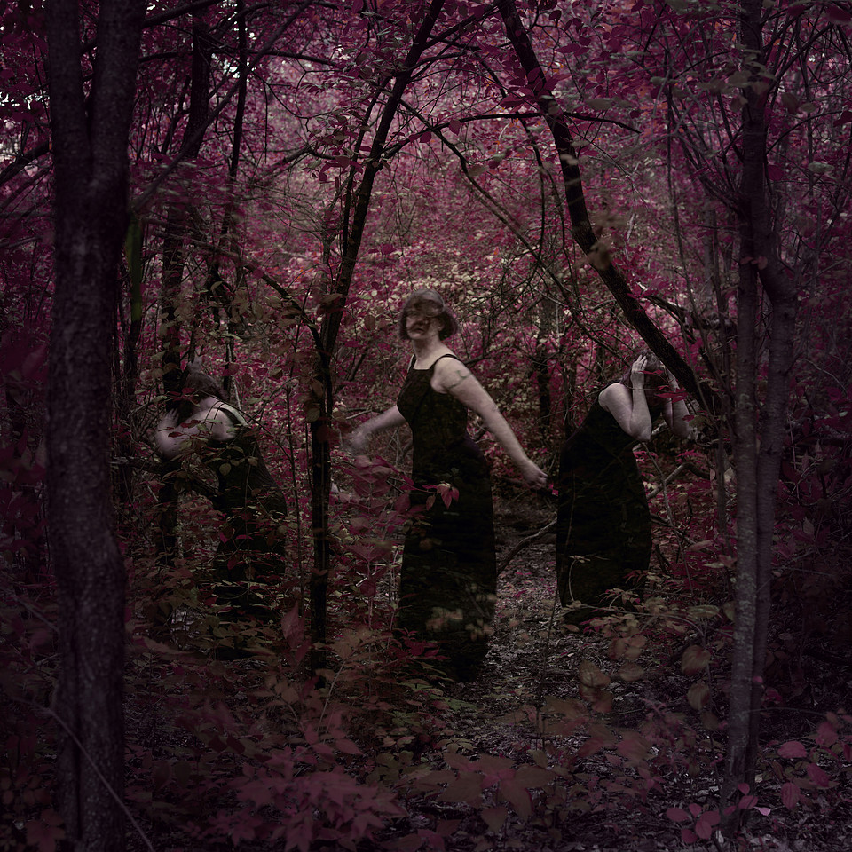 Fine art surreal portraiture, woman, forest, red