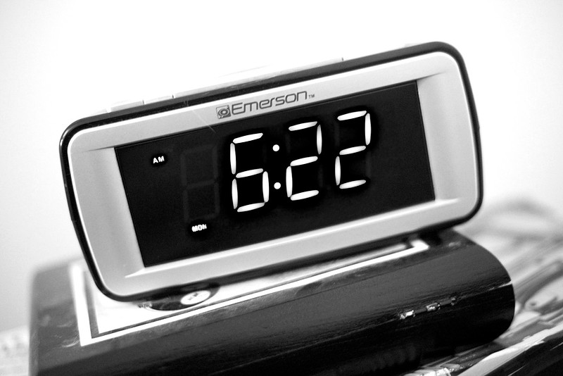 alarm clock at 6:22 am, black and white photography