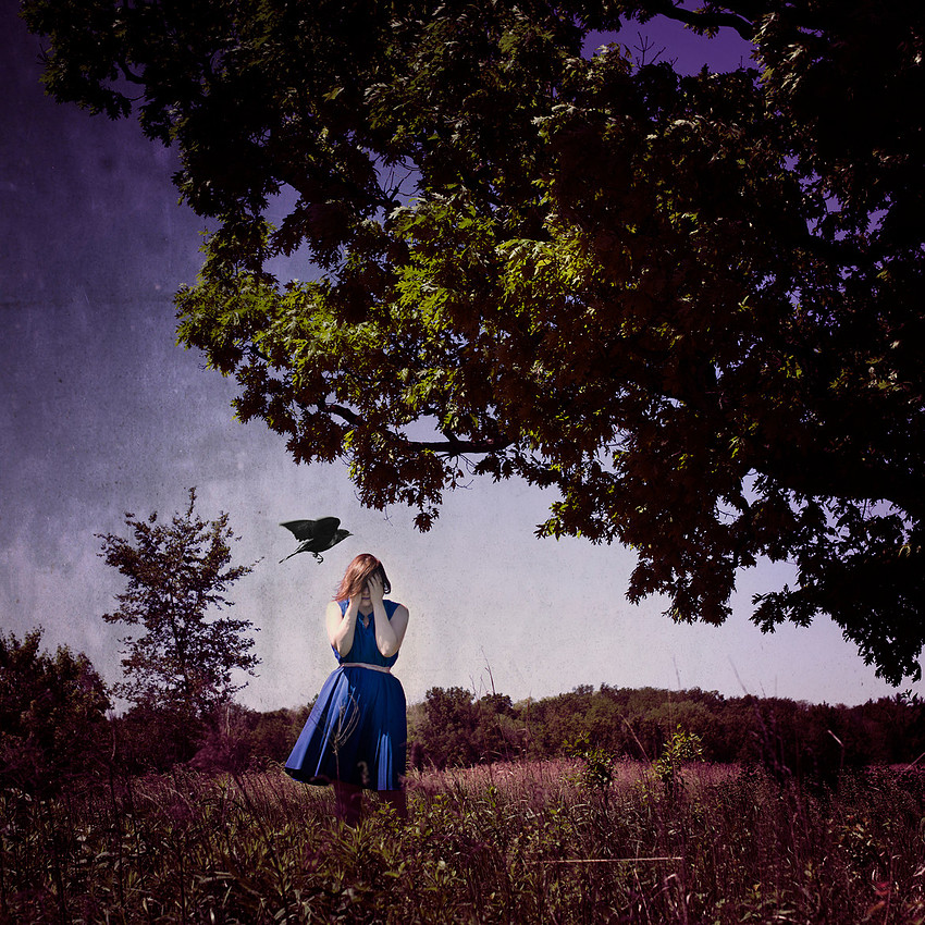 Woman with bird, Nature, environmental portrait, Fine Art, blue