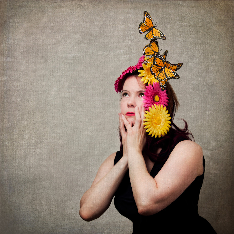 fine art portraiture, fashion photography, woman, daisy flowers, monarch butterfly